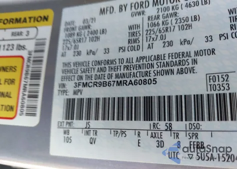 2021 Ford Bronco Sport Big Bend from USA, damaged, VIN 3FMCR9B67MRA60805